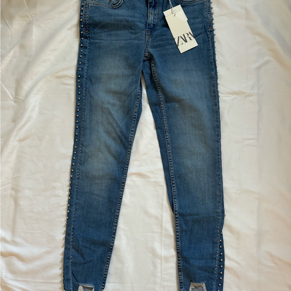 ZARA Studded Side-striped Frayed Mid Rise Jeans Sz 4